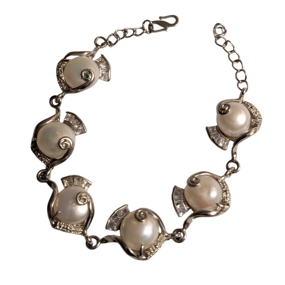 Marked 18K GP Silver Tone Faux Mabe Pearl CZ Hook Clasp 7.5"-8.5" Bracelet